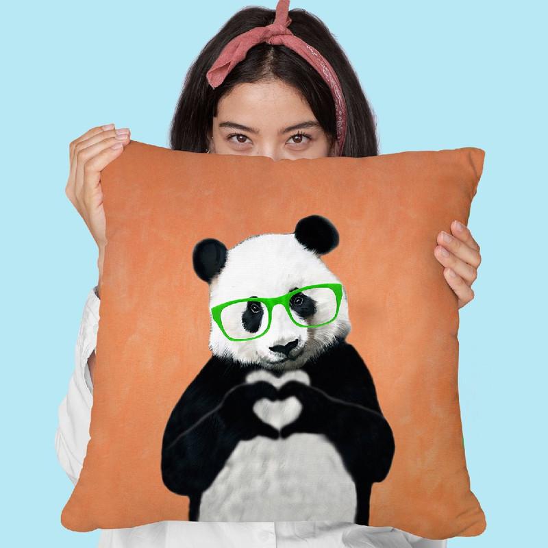 Panda With Fingerheart Orange Throw Pillow By Coco De Paris