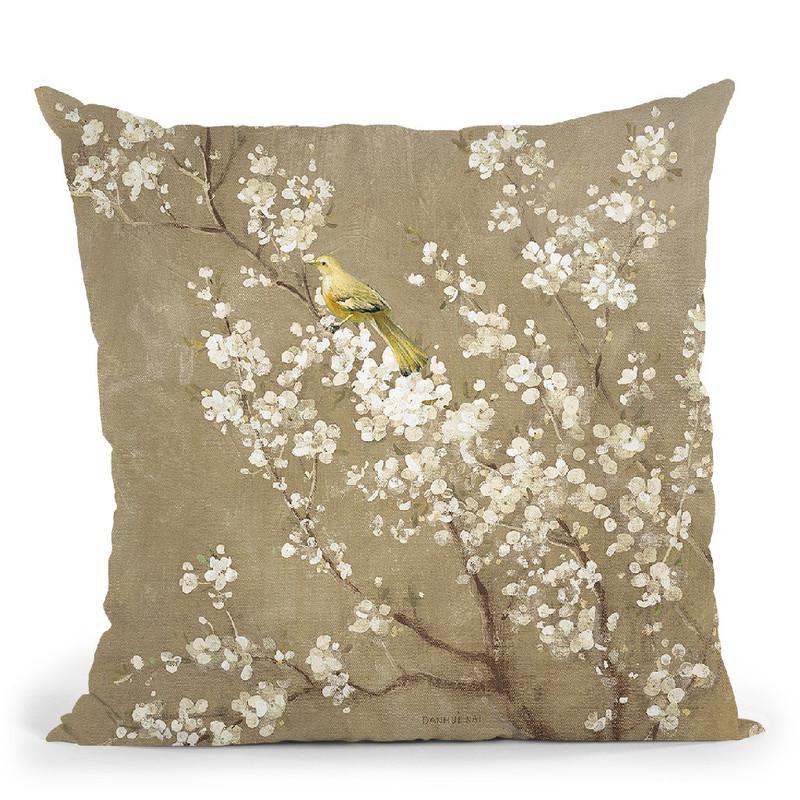 White Cherry Blossom Ii Neutral Crop Bird Throw Pillow By Danhui
