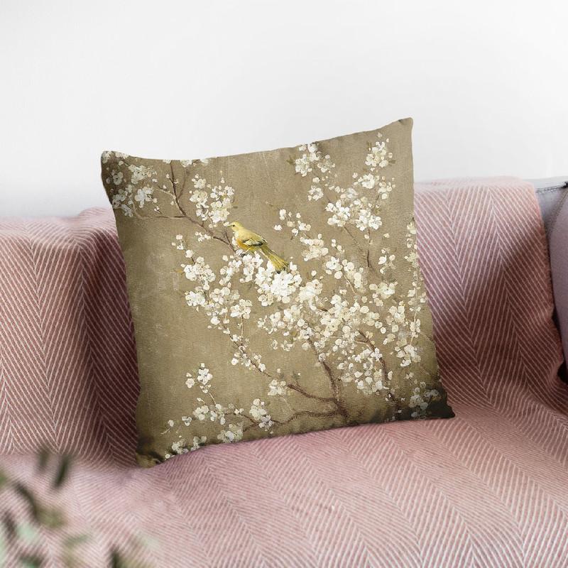 White Cherry Blossom Ii Neutral Crop Bird Throw Pillow By Danhui