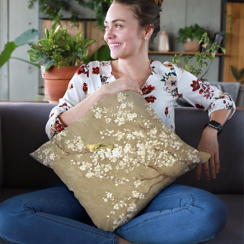 White Cherry Blossom Ii Neutral Crop Bird Throw Pillow By Danhui