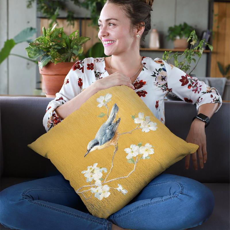 Nuthatch On Gold Throw Pillow By Danhui