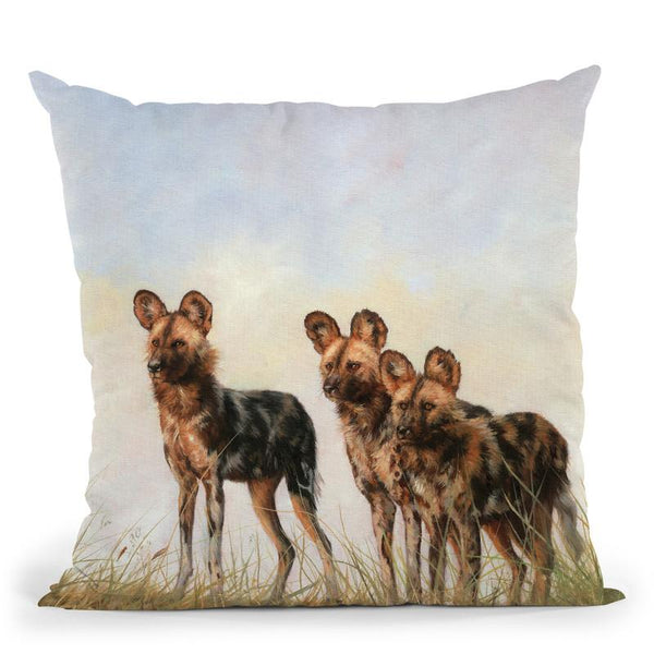 3 African Wild Dogs Throw Pillow By David Stribbling