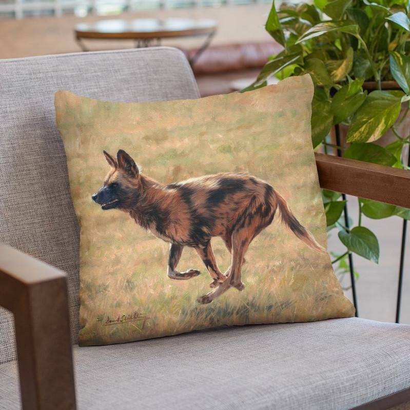 African Wild Dog Running Throw Pillow By David Stribbling