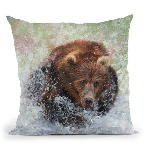 Bear Running Through Water Throw Pillow By David Stribbling