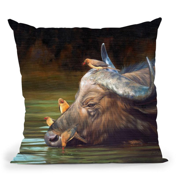 Buffalo And Oxpeckers Throw Pillow By David Stribbling