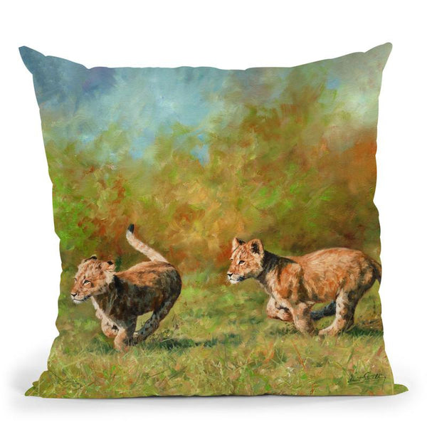Lion Cubs Running Throw Pillow By David Stribbling