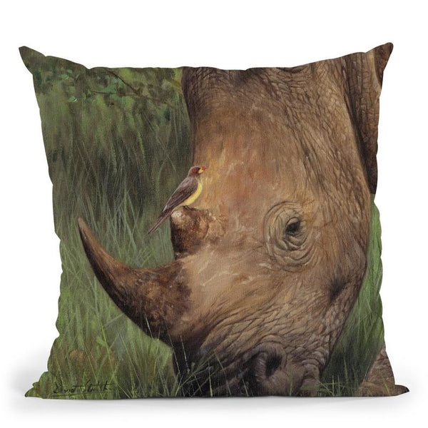 Rhino And Oxpecker Bird Throw Pillow By David Stribbling
