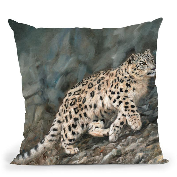 Snow Leopard Climbing Up Throw Pillow By David Stribbling