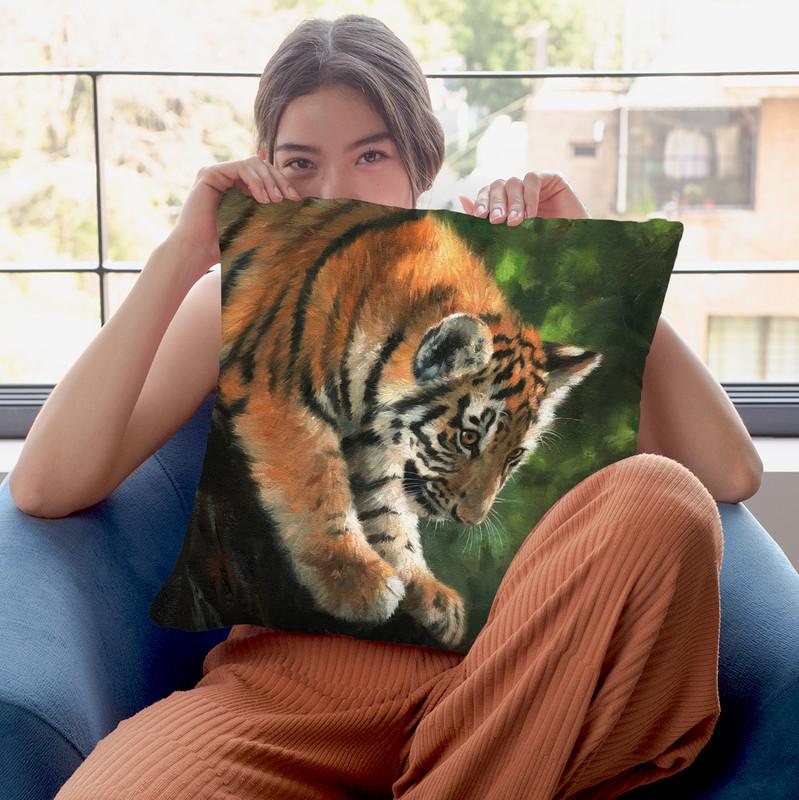 Tiger Cub Climbing Down Tree Throw Pillow By David Stribbling