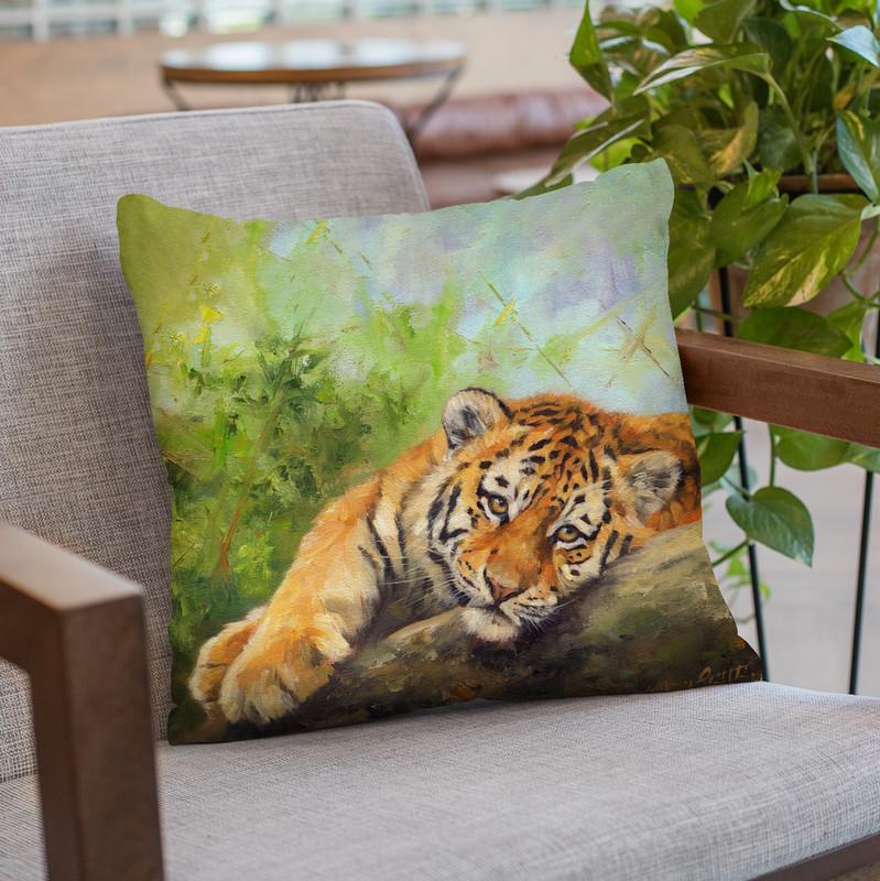 Tiger Cub Rock Throw Pillow By David Stribbling