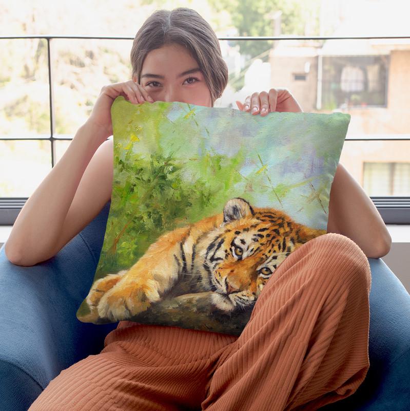 Tiger Cub Rock Throw Pillow By David Stribbling