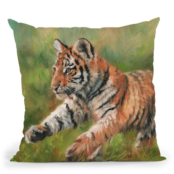 Tiger Cub Running Throw Pillow By David Stribbling