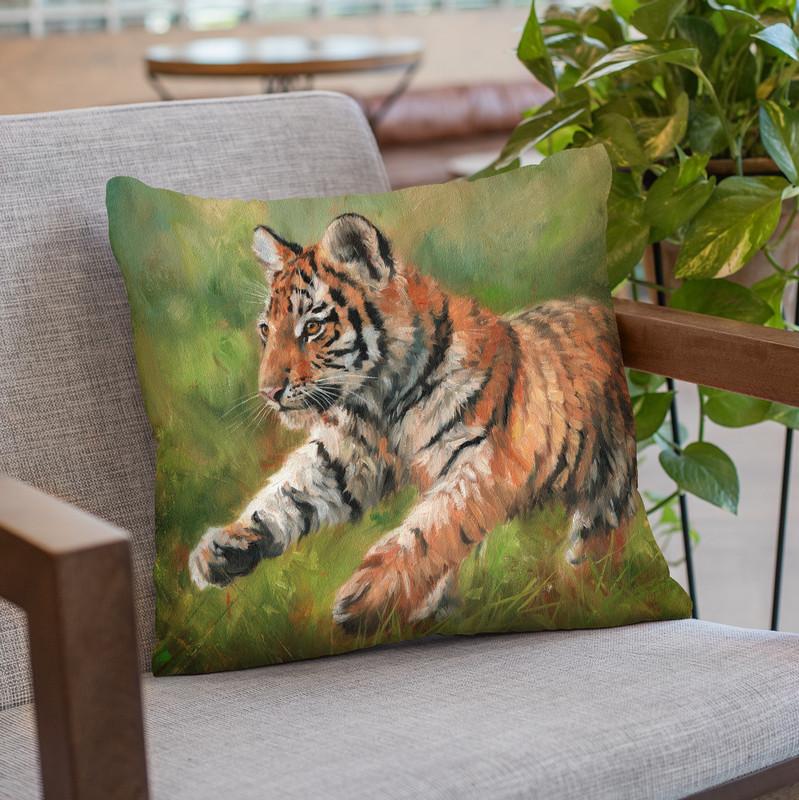 Tiger Cub Running Throw Pillow By David Stribbling