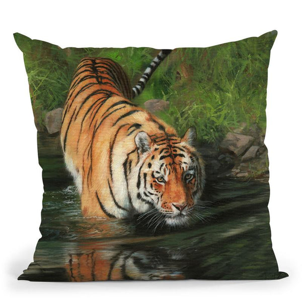 Tiger Entering Water Throw Pillow By David Stribbling