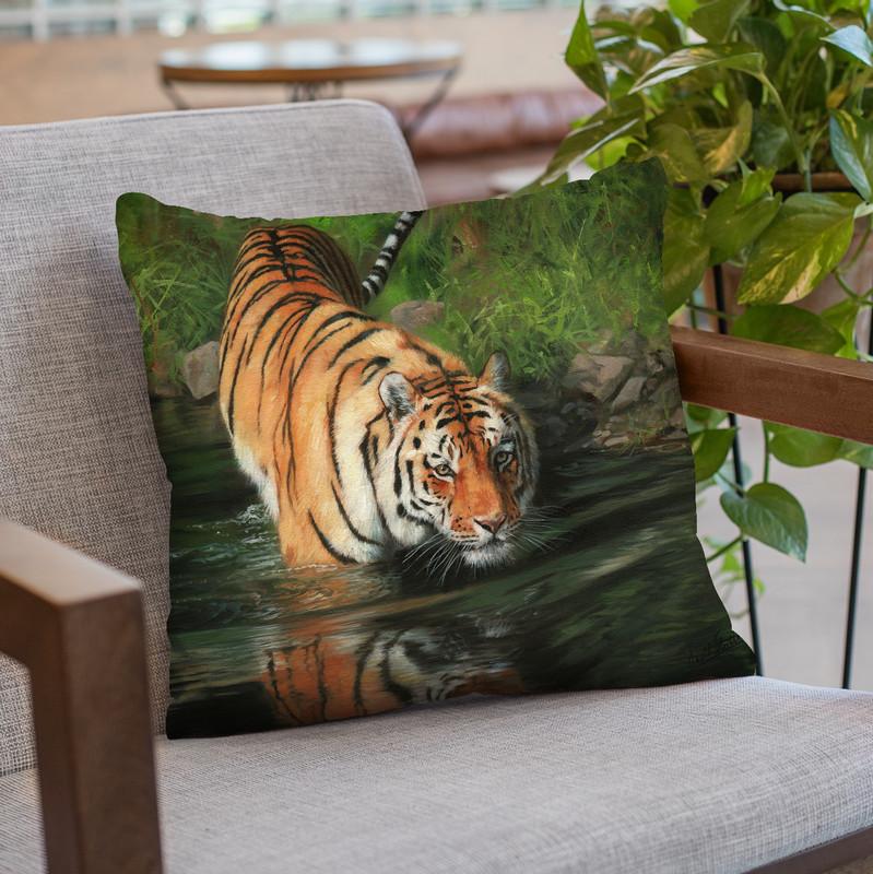 Tiger Entering Water Throw Pillow By David Stribbling