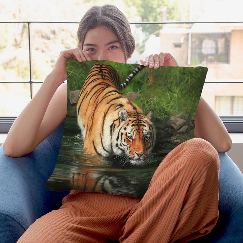 Tiger Entering Water Throw Pillow By David Stribbling