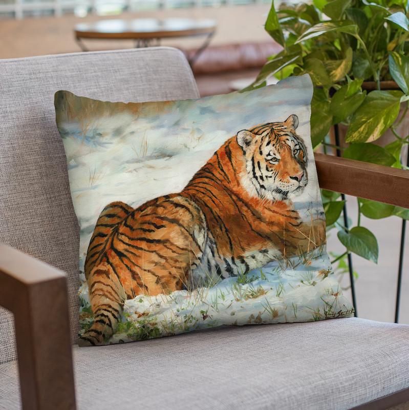 Tiger In Snow Throw Pillow By David Stribbling