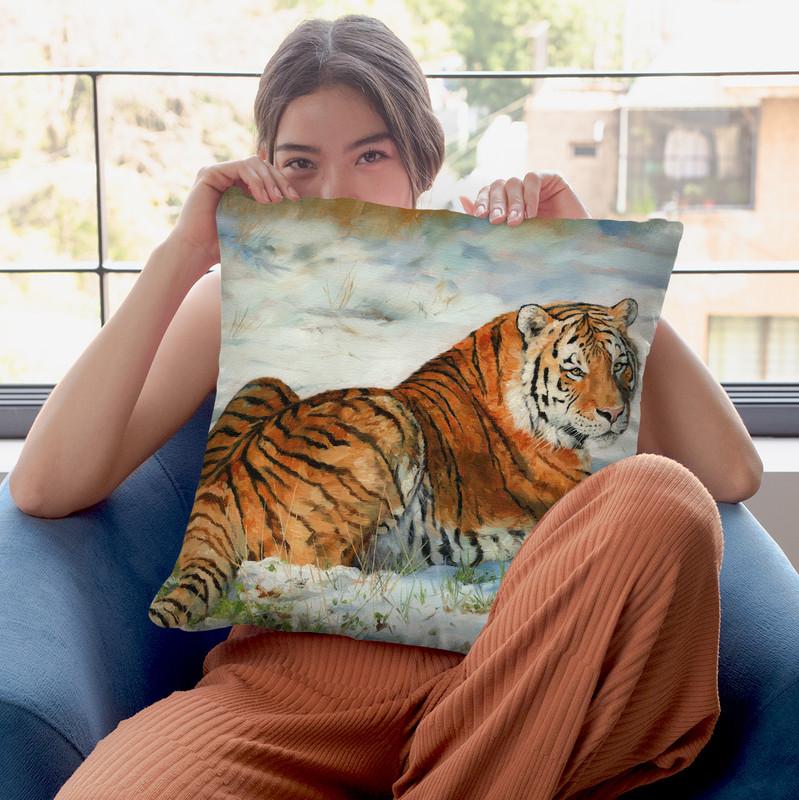 Tiger In Snow Throw Pillow By David Stribbling