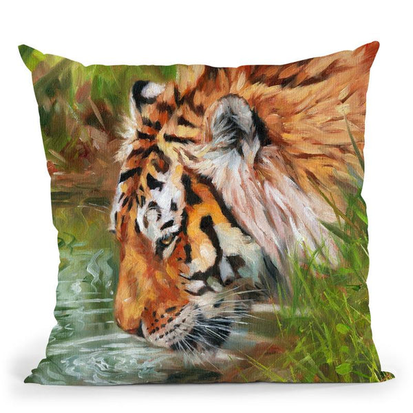 Tiger Quenching Thirst Throw Pillow By David Stribbling