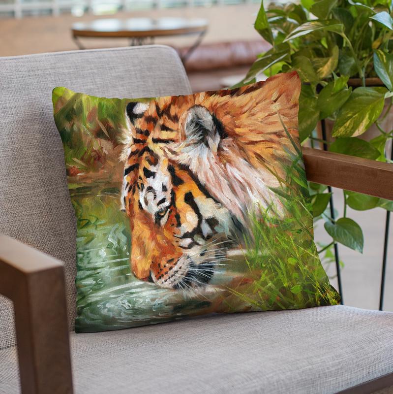 Tiger Quenching Thirst Throw Pillow By David Stribbling