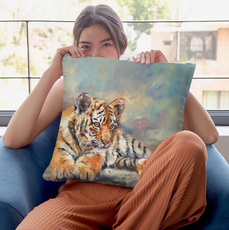 Tiger Cub Throw Pillow By David Stribbling
