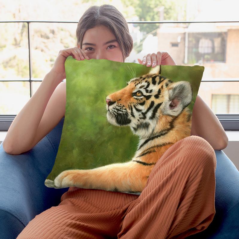 Tiger Cub Looking Up Throw Pillow By David Stribbling