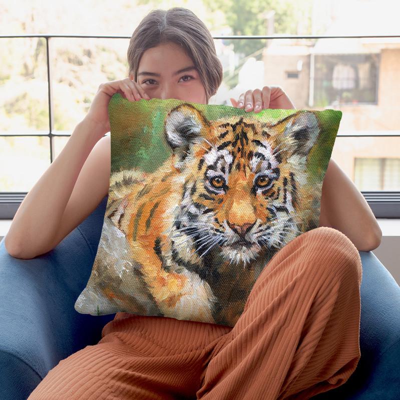 Tiger Cub Water Throw Pillow By David Stribbling
