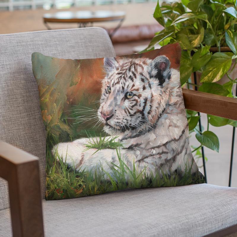 White Tiger Cub Laying Down Throw Pillow By David Stribbling