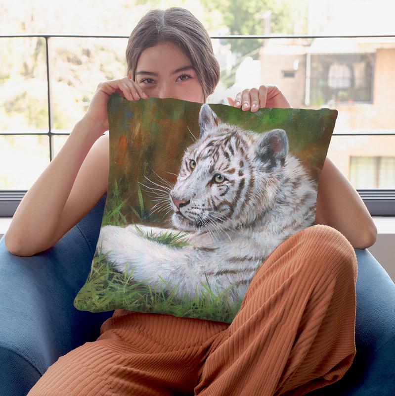 White Tiger Cub Throw Pillow By David Stribbling