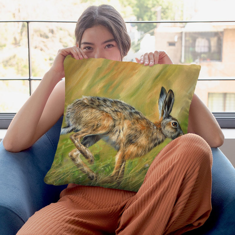 Wild Hare Running Throw Pillow By David Stribbling
