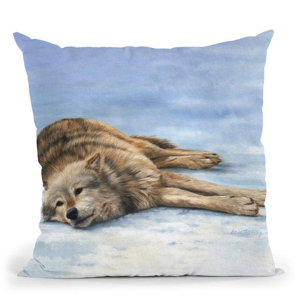 Wolf Laying Snow Throw Pillow By David Stribbling