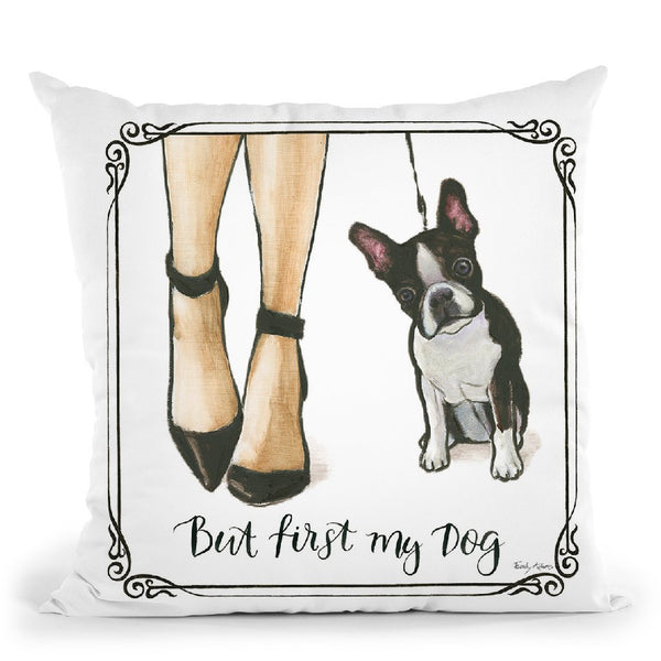 Furry Fashion Friends Ii But First Throw Pillow By Emily Adams