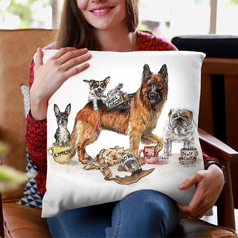 Coffee Dogs Throw Pillow By Holly Simental