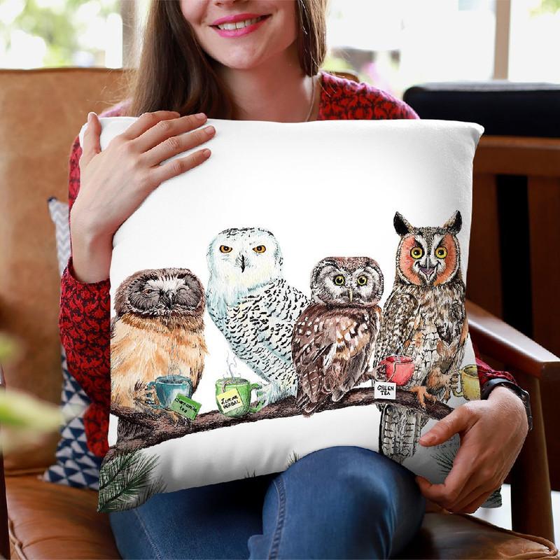 Tea Owls Throw Pillow By Holly Simental