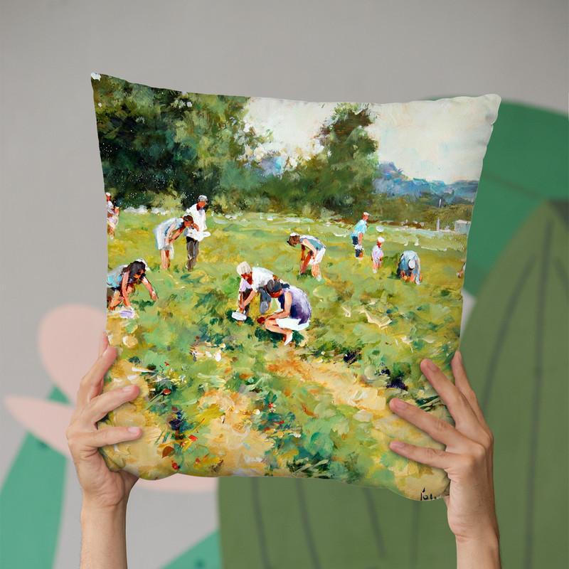 Strawberry Pickers Throw Pillow By John Haskins - by all about vibe