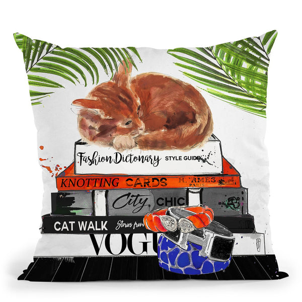 Orange Tabby On Fashion Books Throw Pillow by Jodi Pedri