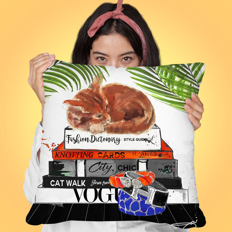 Orange Tabby On Fashion Books Throw Pillow by Jodi Pedri