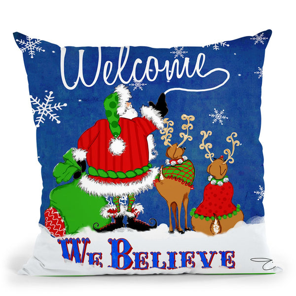 Welcome Santa Blue Throw Pillow by Jodi Pedri