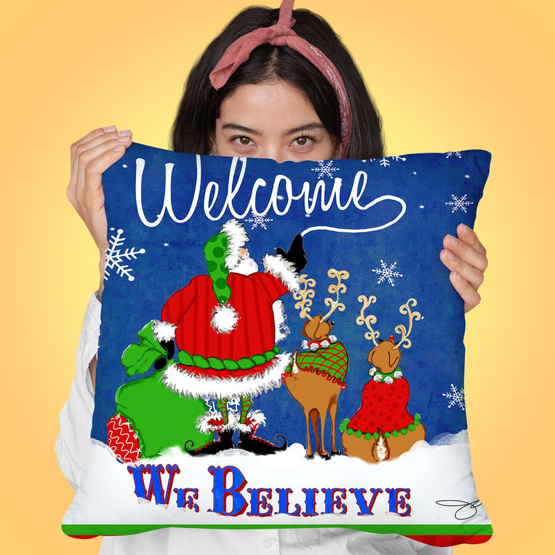 Welcome Santa Blue Throw Pillow by Jodi Pedri