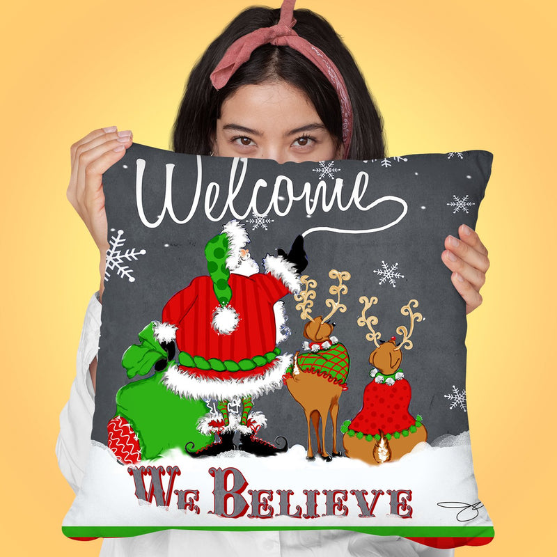Welcome Santa Grey Throw Pillow by Jodi Pedri