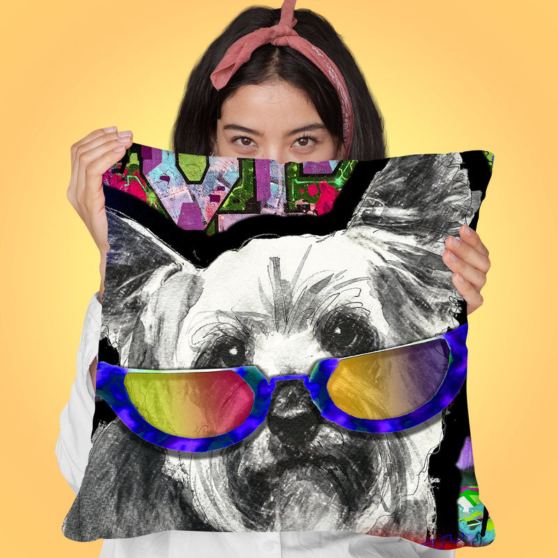 Yorkie In Sunglasses Throw Pillow by Jodi Pedri