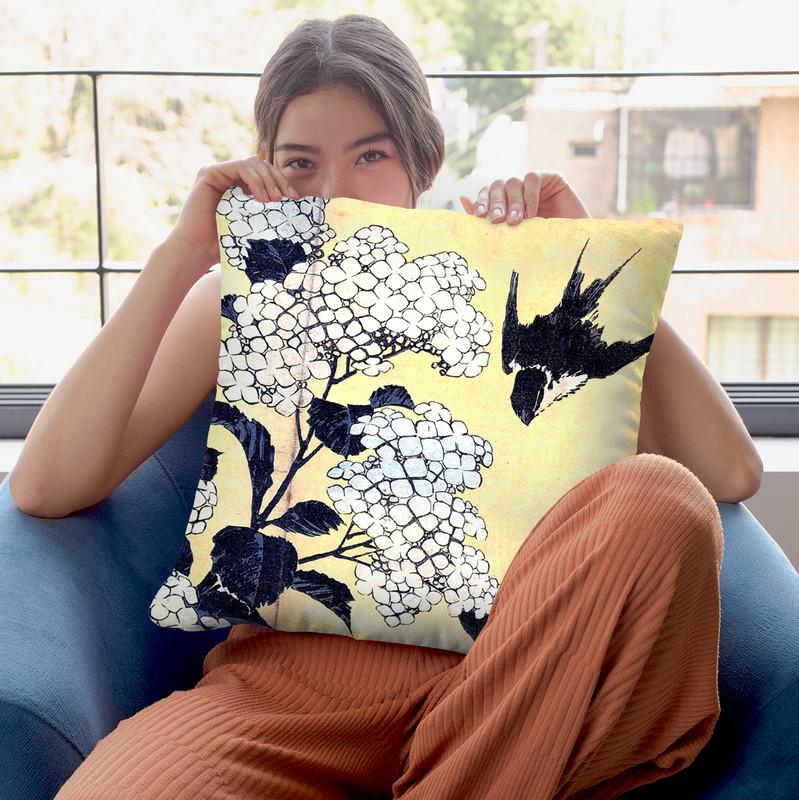 Hydrangea And Swallow Throw Pillow By Katsushika Hokusai