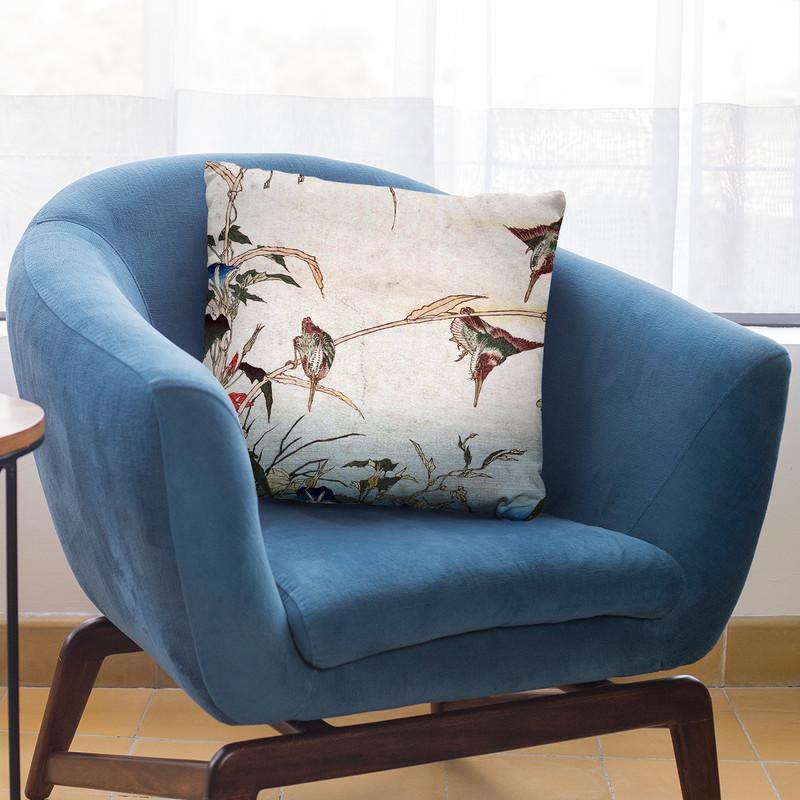 Kingfishers, Reeds, And Morning Throw Pillow By Katsushika Hokusai