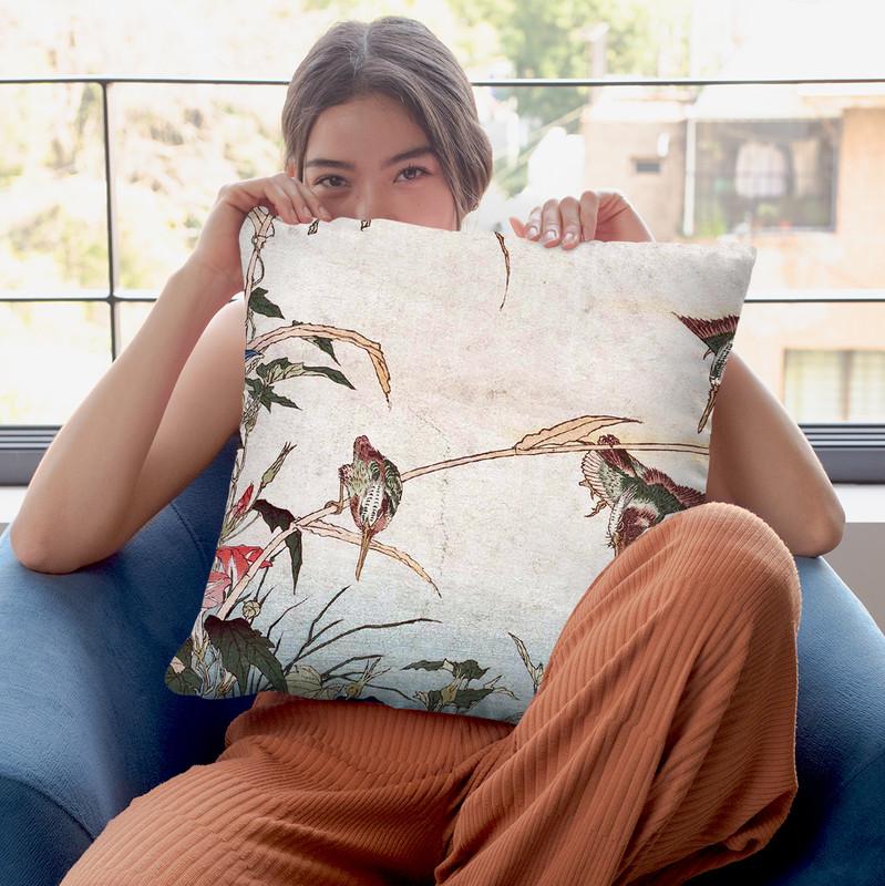 Kingfishers, Reeds, And Morning Throw Pillow By Katsushika Hokusai