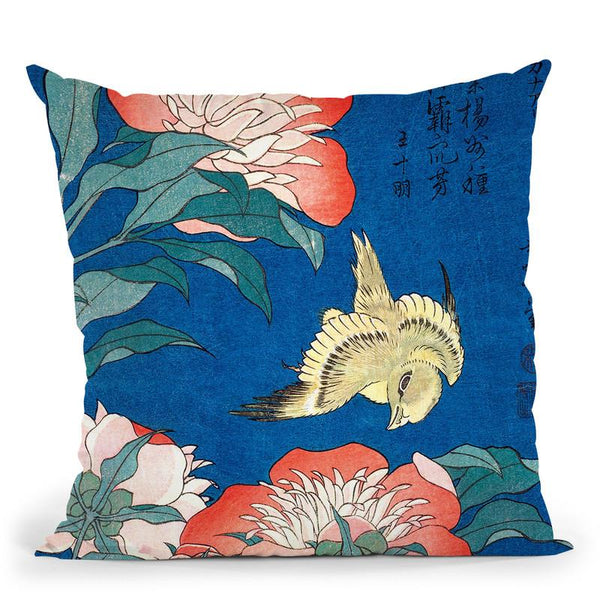 Peonies And Canary Throw Pillow By Katsushika Hokusai