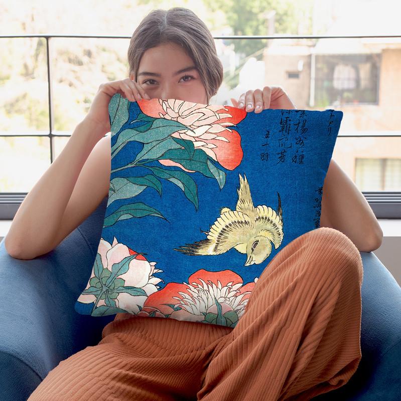 Peonies And Canary Throw Pillow By Katsushika Hokusai