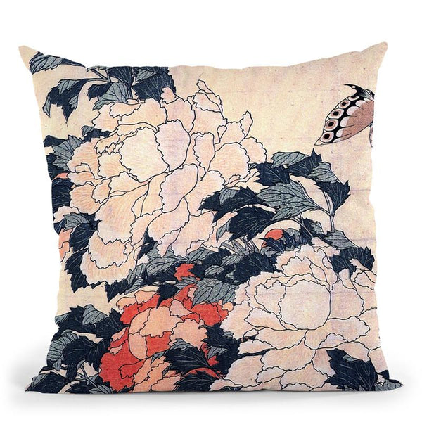 Poenies And Butterfly Throw Pillow By Katsushika Hokusai