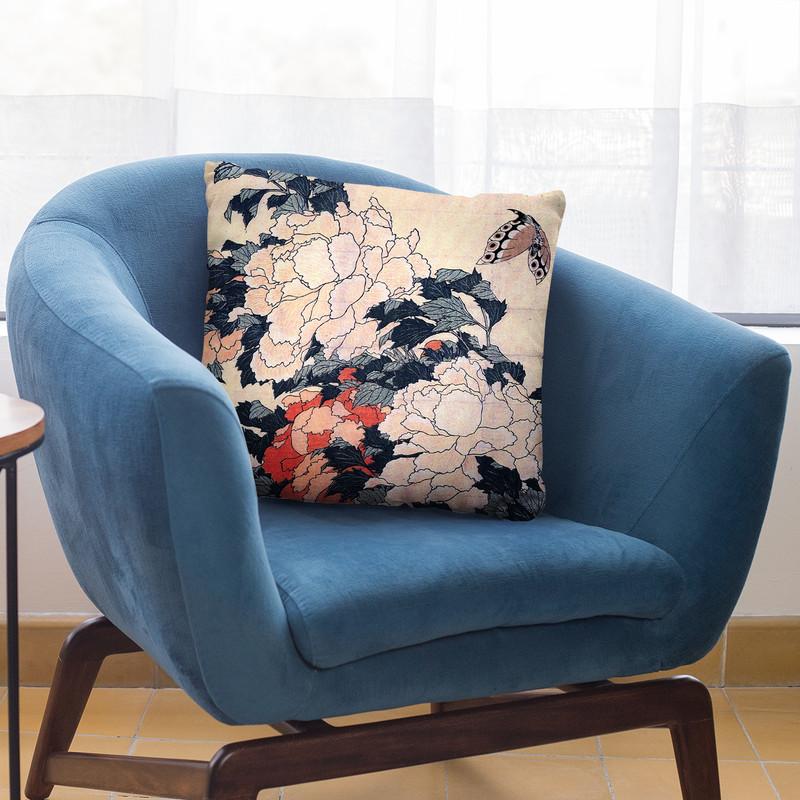 Poenies And Butterfly Throw Pillow By Katsushika Hokusai
