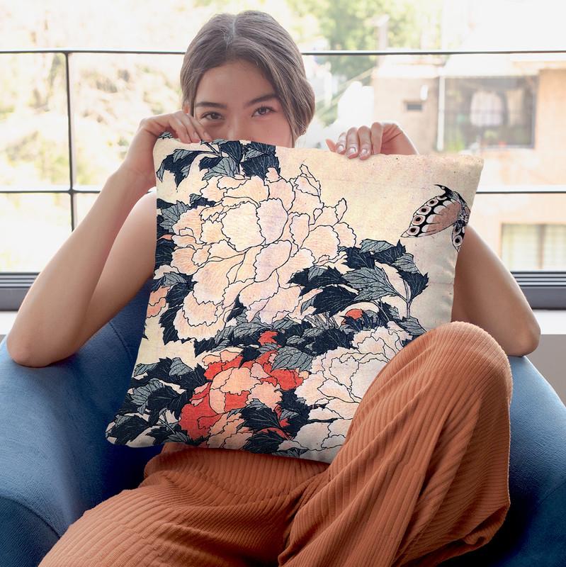 Poenies And Butterfly Throw Pillow By Katsushika Hokusai