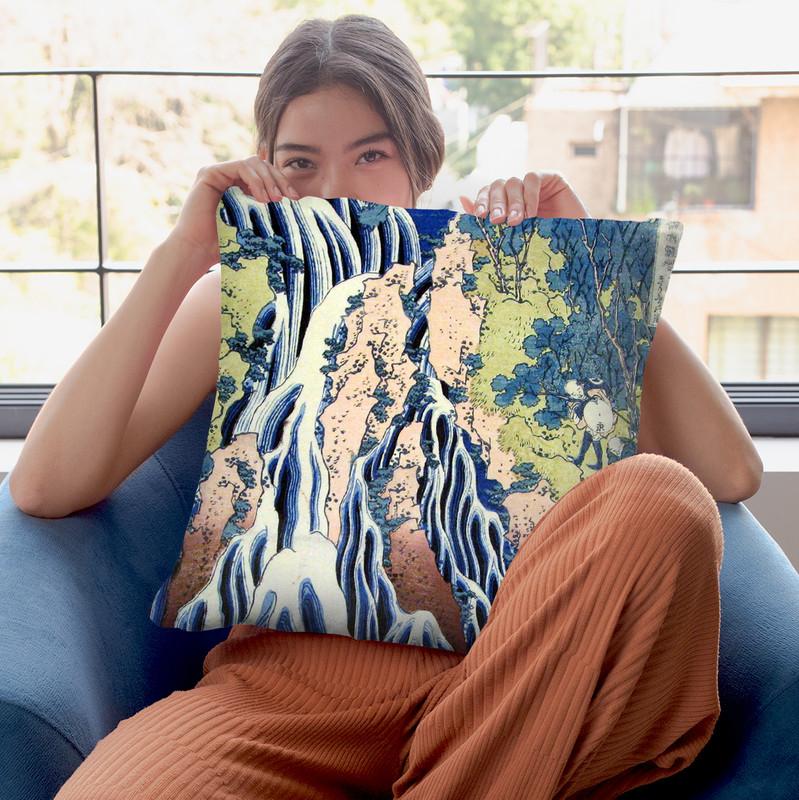 The Falling Mist Waterfall Throw Pillow By Katsushika Hokusai
